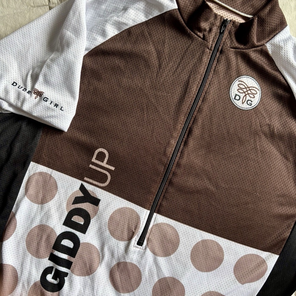 Dude Girl Giddy Up Cycling Jersey Womens L Brown Polka Dot Half Zip USA Athletic